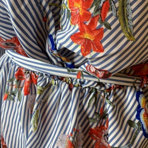 FASHION Nova blue white long sleeve cross top silky blouse ties at waist large - Picture 4 of 12